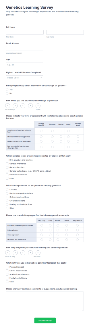 Genetics Learning Survey Form Template