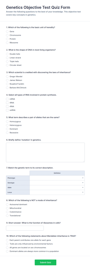 Genetics Objective Test Quiz Form Template