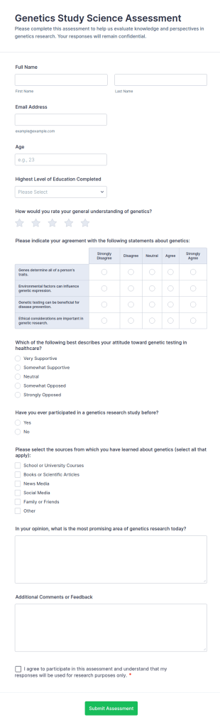 Genetics Study Science Assessment Form Template