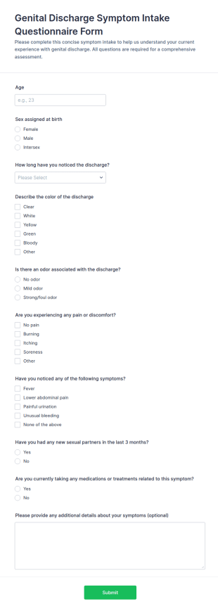 Genital Discharge Symptom Intake Form Template