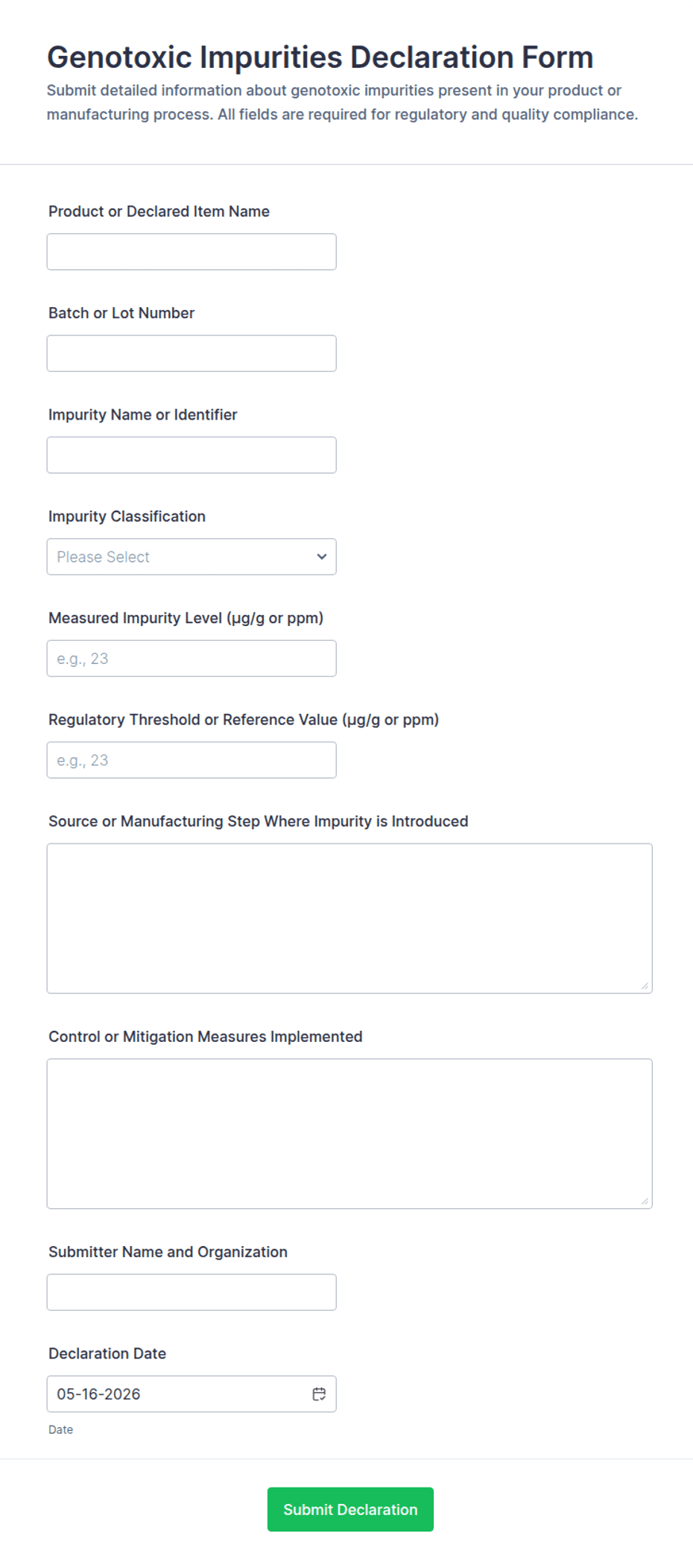 Genotoxic Impurities Declaration Form Template | Jotform