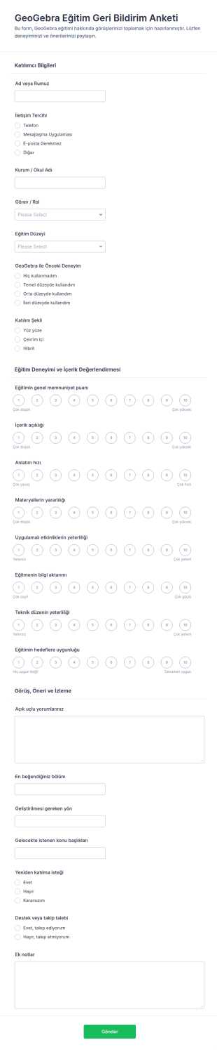 Geogebra Eğitim Geri Bildirim Anketi Form Şablonu