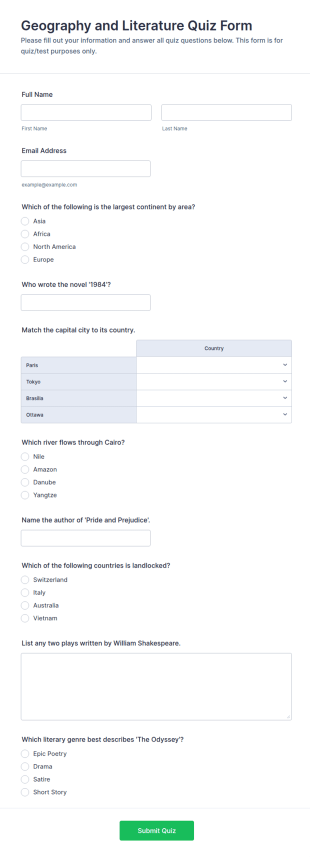 Geography And Literature Quiz Form Template