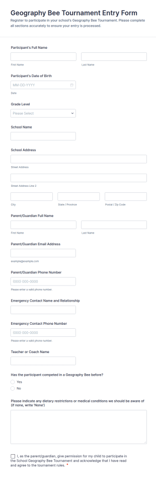 Geography Bee Tournament Entry Form Template