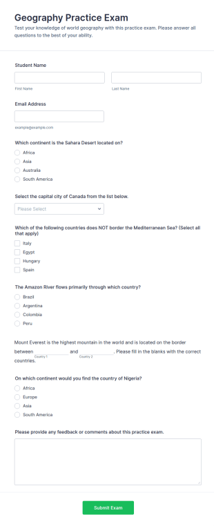 Geography Practice Exam Form Template