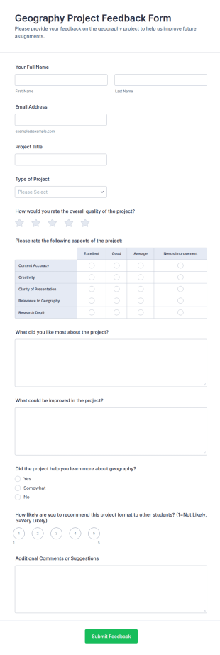 Geography Project Feedback Form Template
