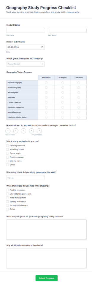 Geography Study Progress Checklist Form Template