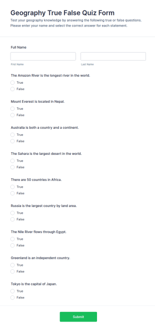 Geography True False Quiz Form Template