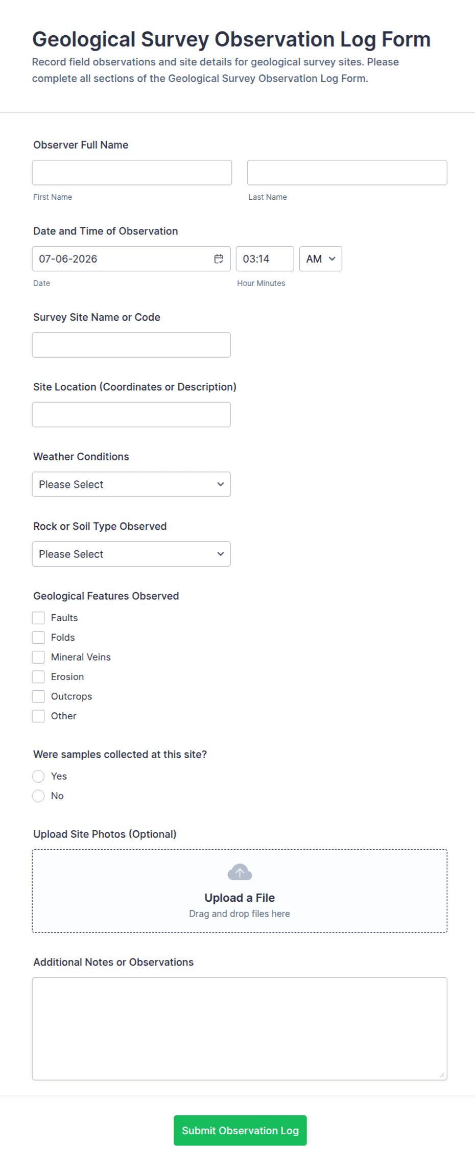 Geological Survey Observation Log Form Template | Jotform