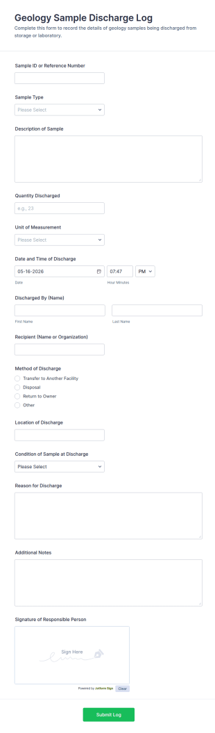 Geology Sample Discharge Log Form Template