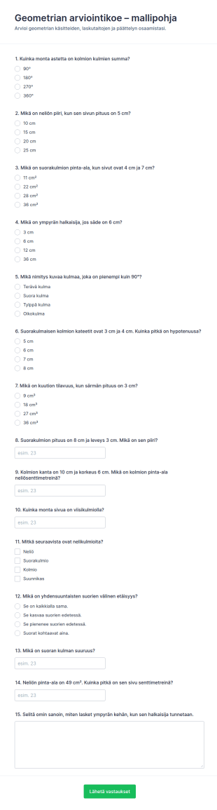 Geometrian Arviointilomake Oppilaille