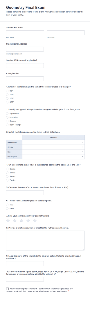 Geometry Final Exam Form Template