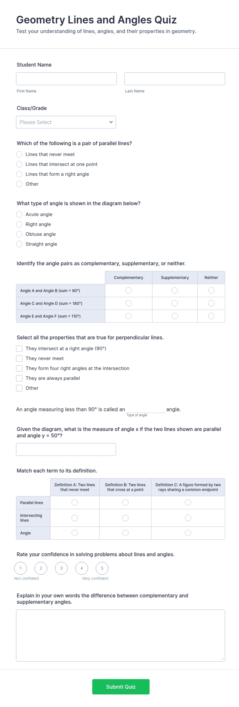 Geometry Lines and Angles Quiz Form Template | Jotform