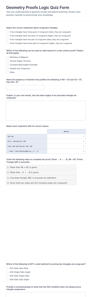 Geometry Proofs Logic Quiz Form Template