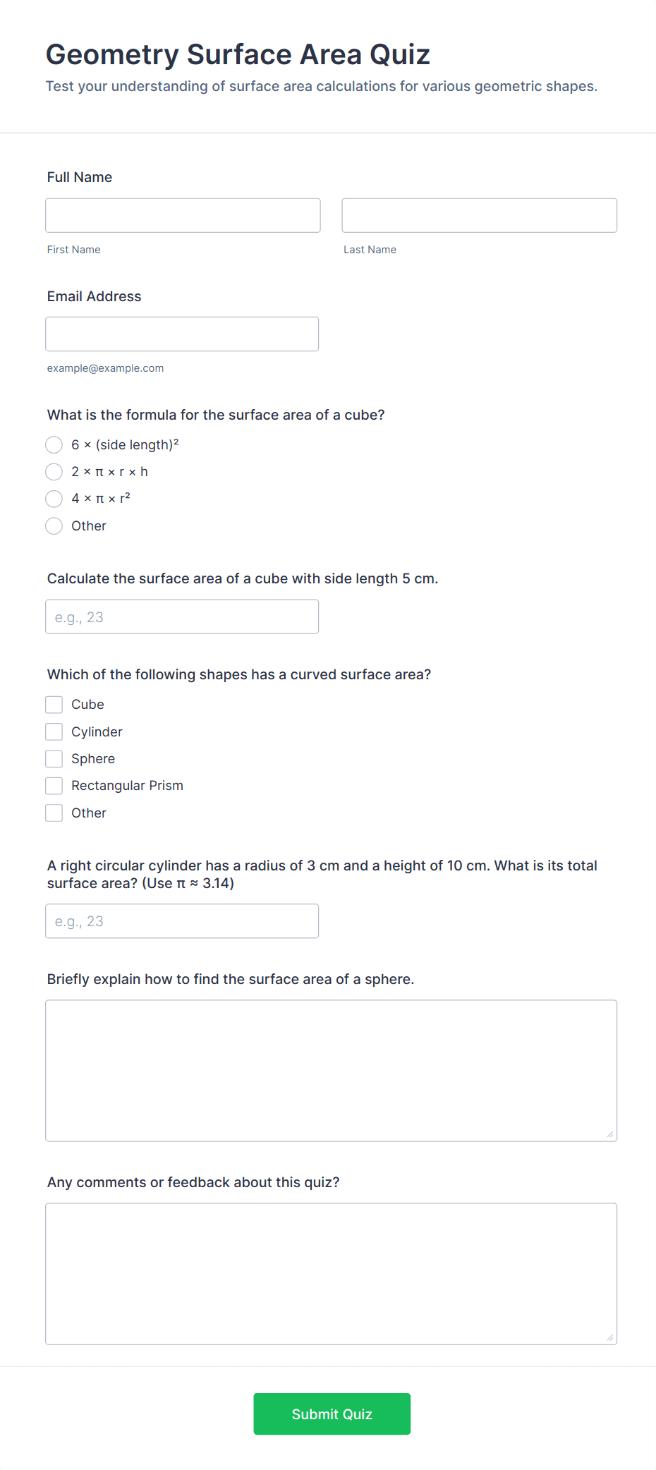 Geometry Surface Area Quiz Form Template | Jotform