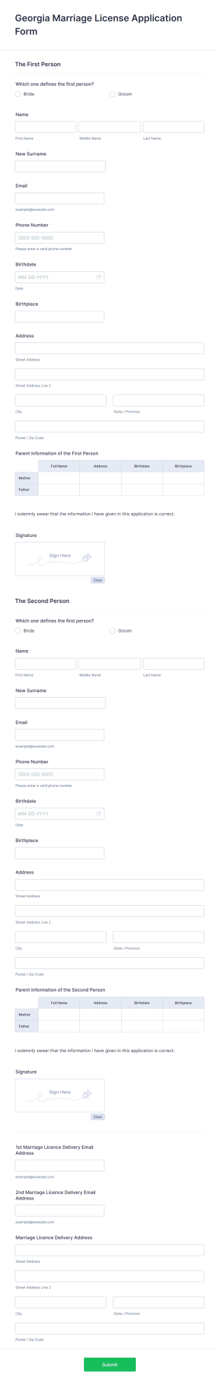 Georgia Marriage License Application Form Template