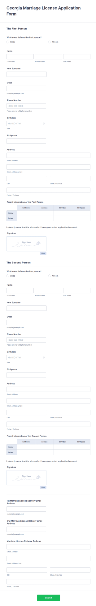 Georgia Marriage License Application Form Template
