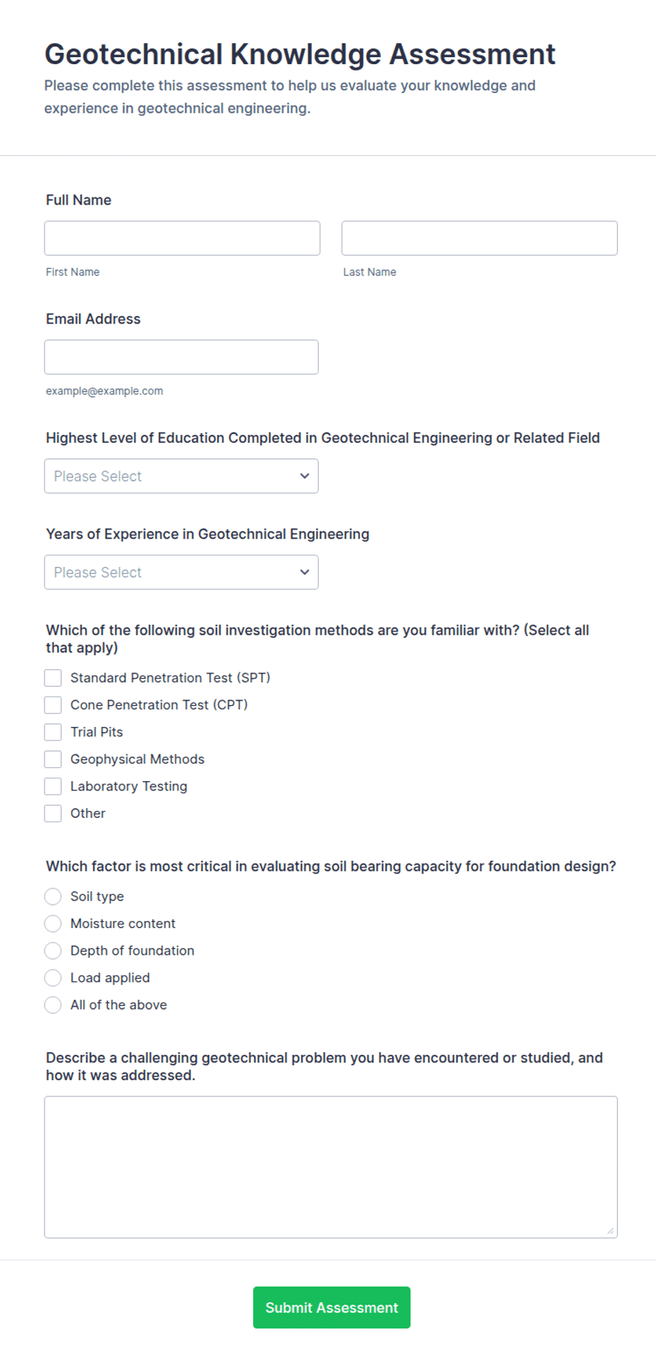 Geotechnical Knowledge Assessment Form Template | Jotform