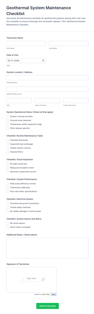 Geothermal System Maintenance Checklist Form Template
