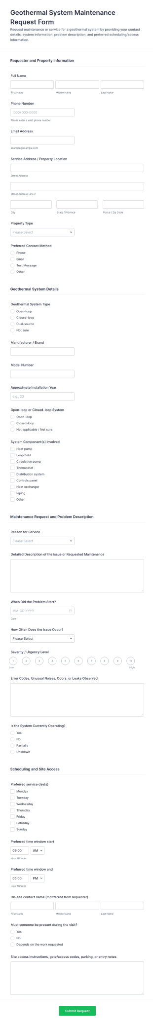 Geothermal System Maintenance Request Form Template