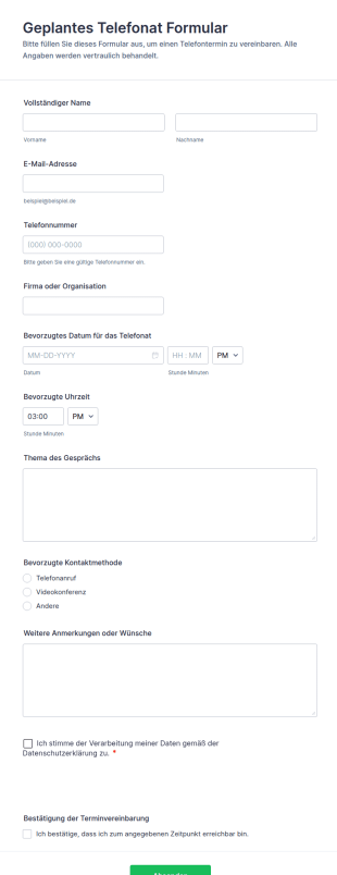 Geplantes Telefonat Formular