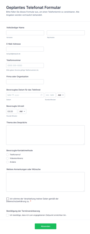 Geplantes Telefonat Formular