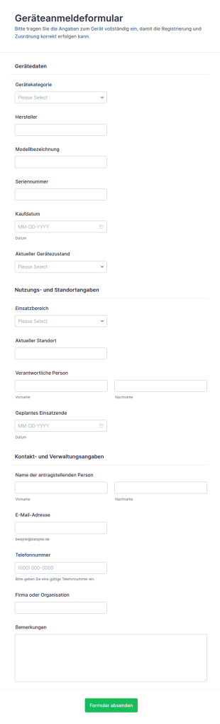 Geräte Registrierung Formular