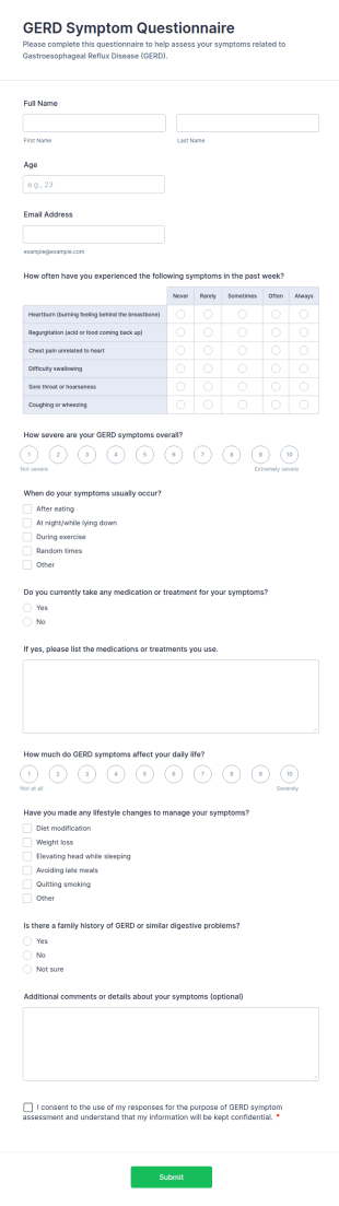 GERD Symptom Questionnaire Form Template