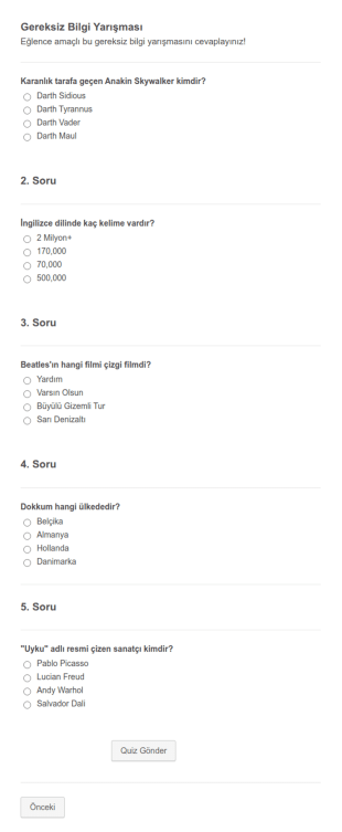 Gereksiz Bilgi Yarışması Form Şablonu
