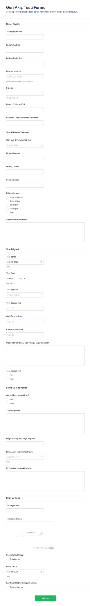 Geri Akış Test Form Şablonu