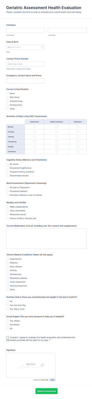 Geriatric Assessment Health Evaluation Form Template