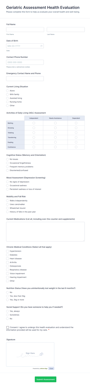 Geriatric Assessment Health Evaluation Form Template