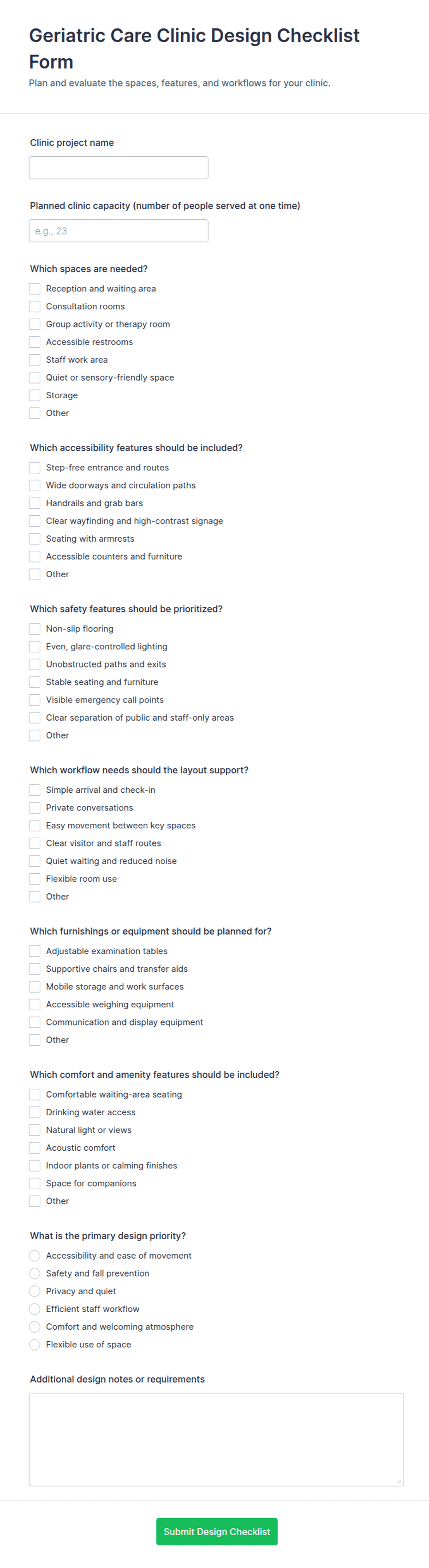 Geriatric Care Clinic Design Checklist Form Template | Jotform