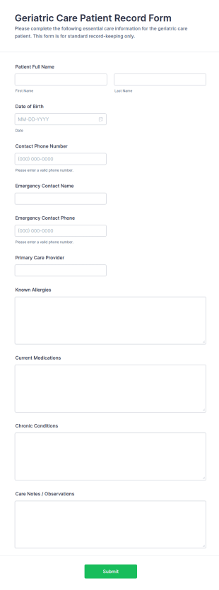 Geriatric Care Patient Record Form Template