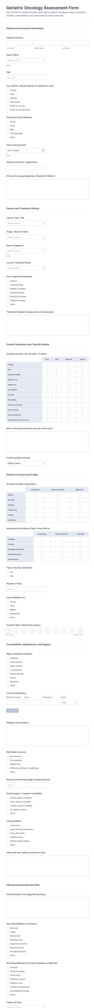 Geriatric Oncology Assessment Form Template