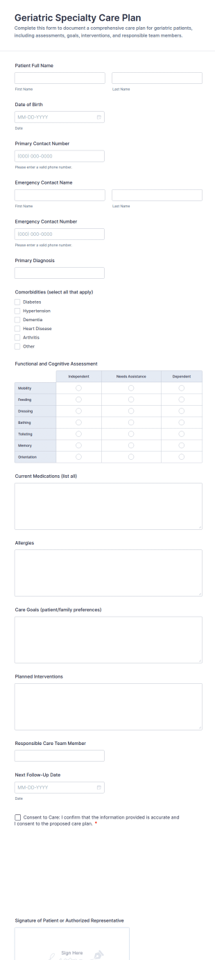 Geriatric Specialty Care Plan Form Template
