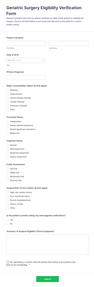 Geriatric Surgery Eligibility Verification Form Template