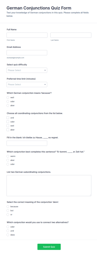 German Conjunctions Quiz Form Template