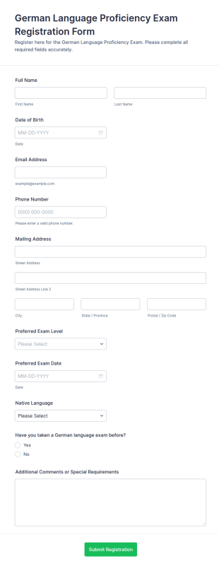 German Language Proficiency Exam Registration Form Template