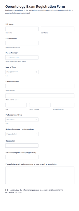 Gerontology Exam Registration Form Template
