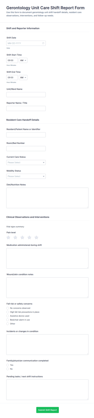 Gerontology Unit Care Shift Report Form Template