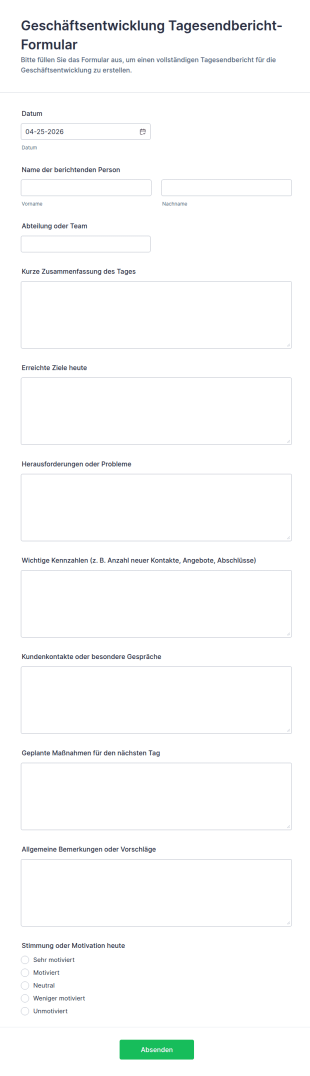 Geschäftsentwicklungs Tagesabschlussbericht Fragebogen