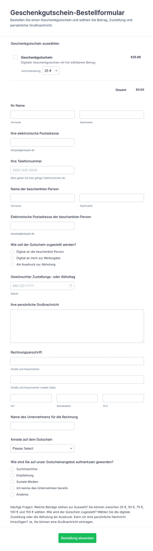 Geschenkgutschein Bestellformular