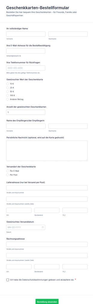 Geschenkkarten Bestellformular