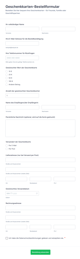 Geschenkkarten Bestellformular