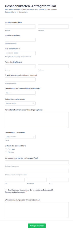 Geschenkkartenanfrage Formular