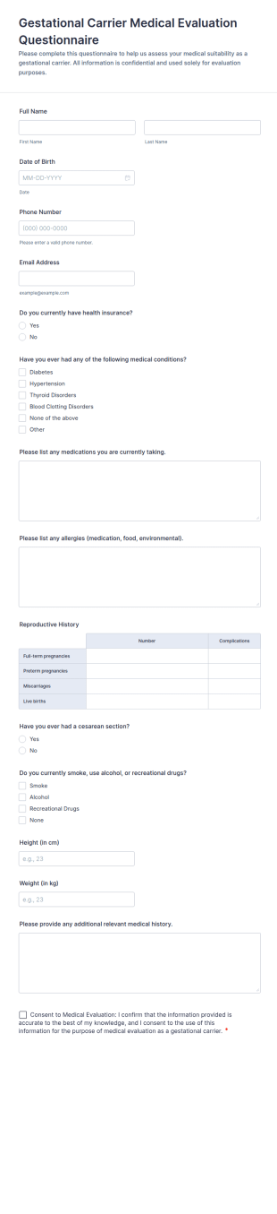 Gestational Carrier Medical Evaluation Questionnaire Form Template