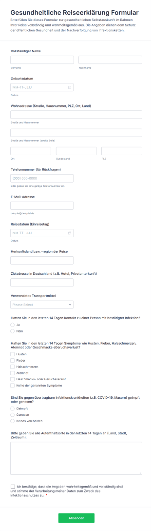 Gesundheitliche Reiseerklärung Formular