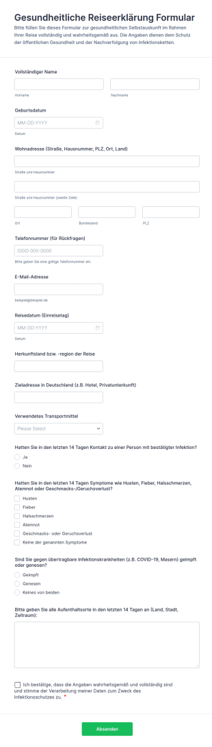 Gesundheitliche Reiseerklärung Formular
