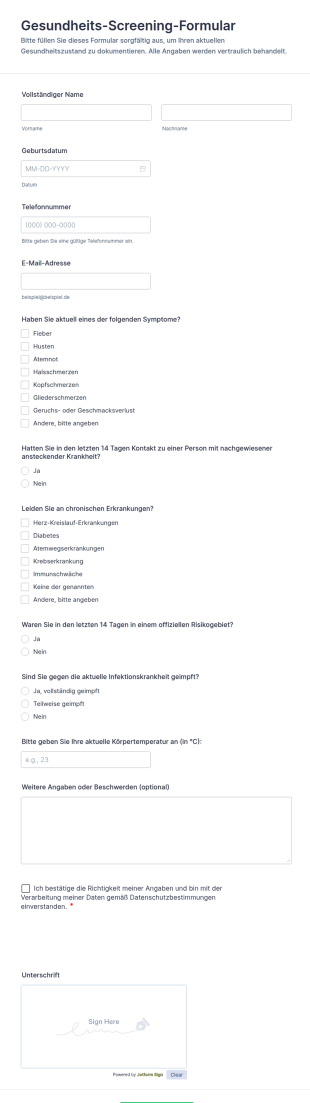 Gesundheits Screening Formular